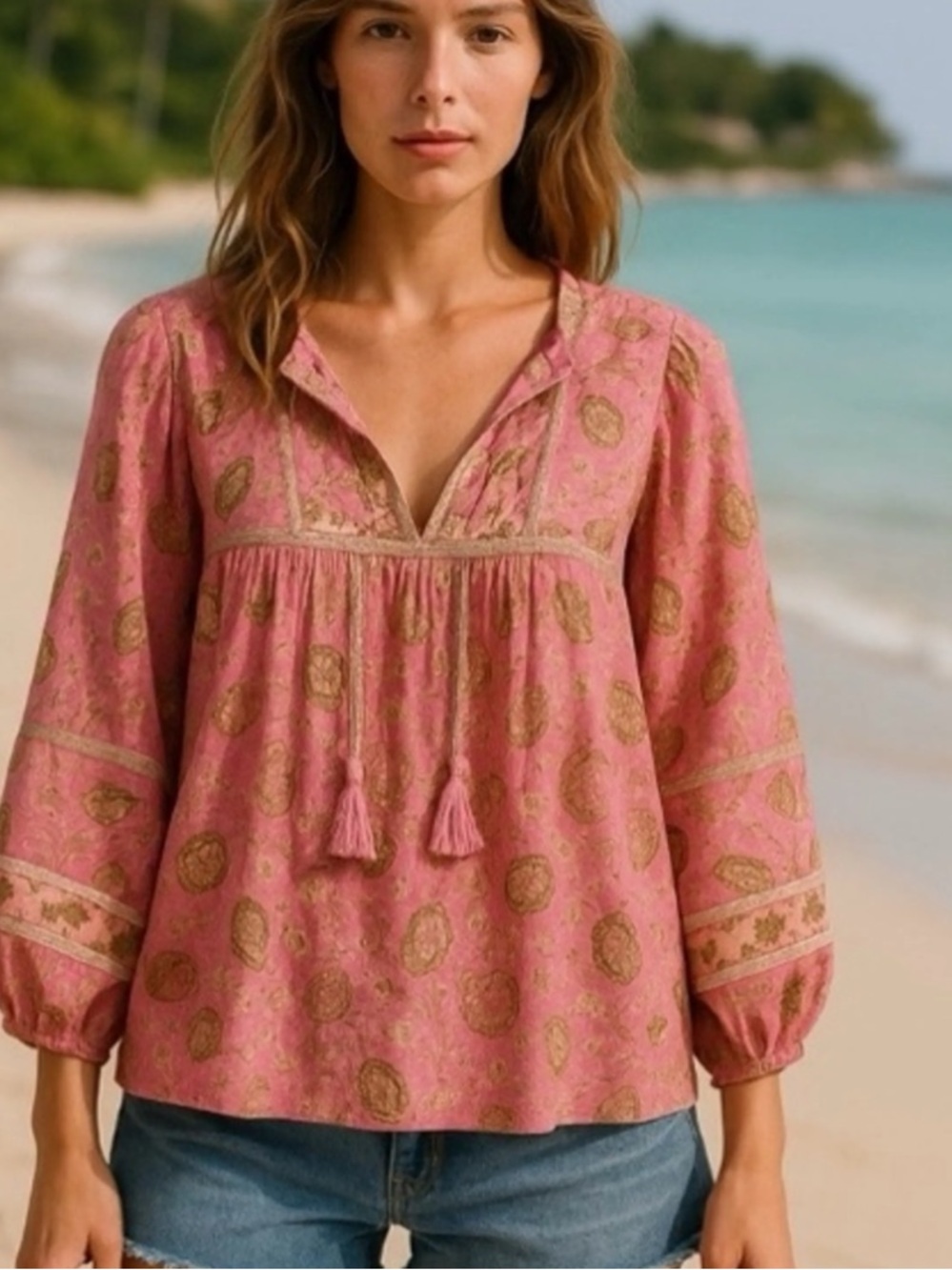 Cleobella Amarills Blouse in Cherry Blossom 100% Cotton Pink Green Tassels Sz XS